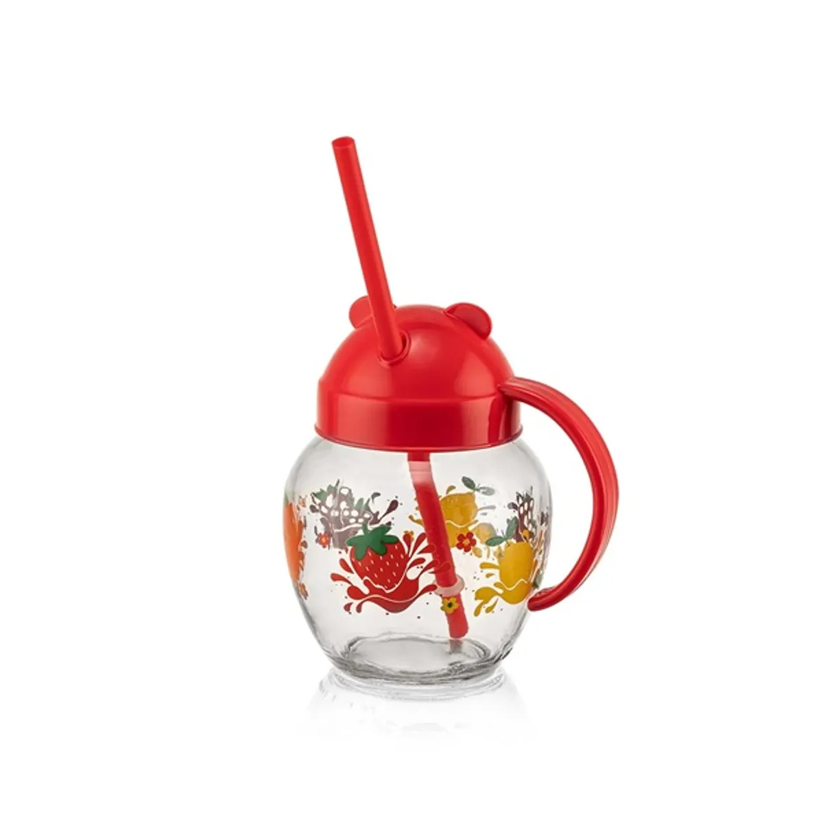 IRIS C-00373 Cute üvegbögre szívószállal 370ml, piros, zöld vagy sárga színű #1