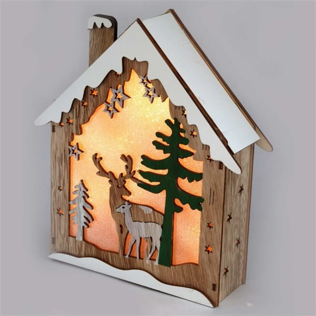 Iris Faház alakú rénszarvas mintás/18,5x21cm/meleg fehér LED-es fa fénydekoráció #2