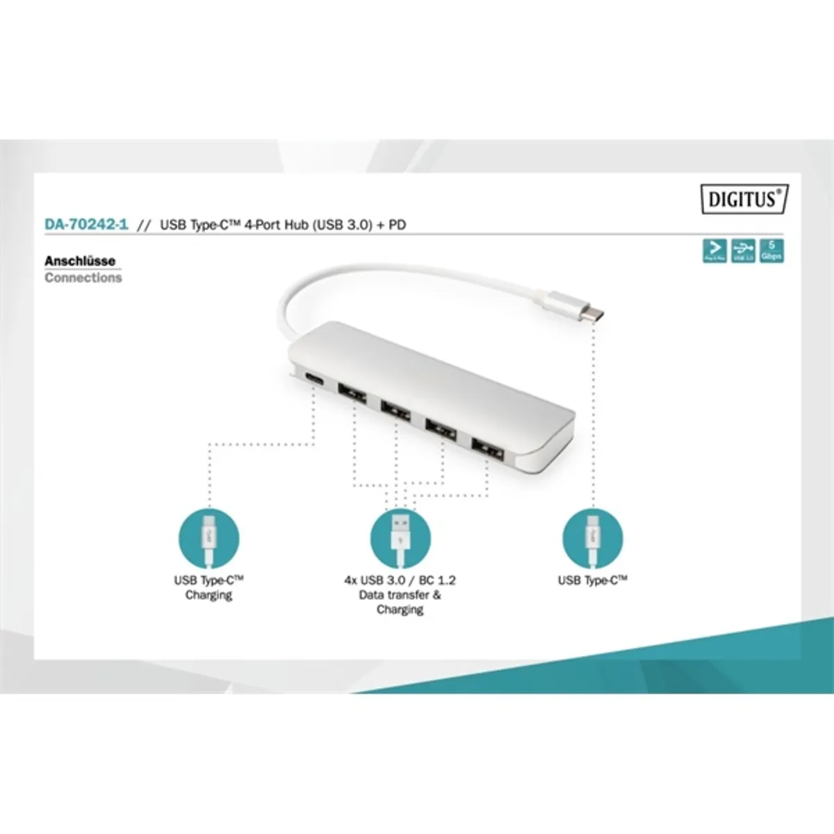 DIGITUS USB Type-C 4 portos USB 3.0 hub + PD #6