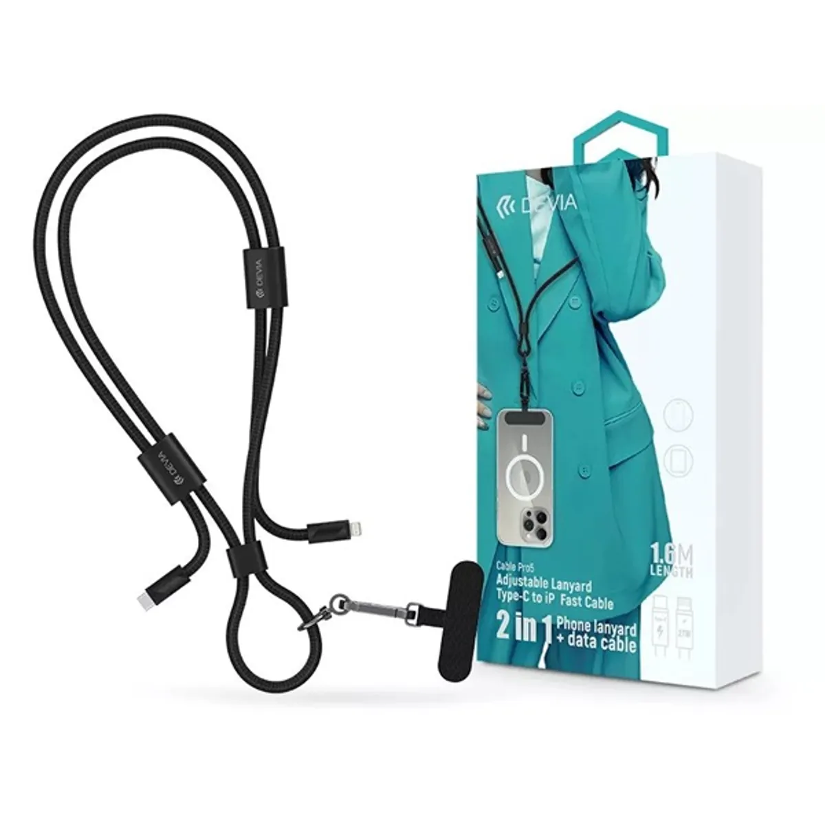 Devia ST124981 Cable Pro5 Woven 1,6m 27W PD Type-C - Lightning fekete adat- és töltőkábel + nyakpánt #1