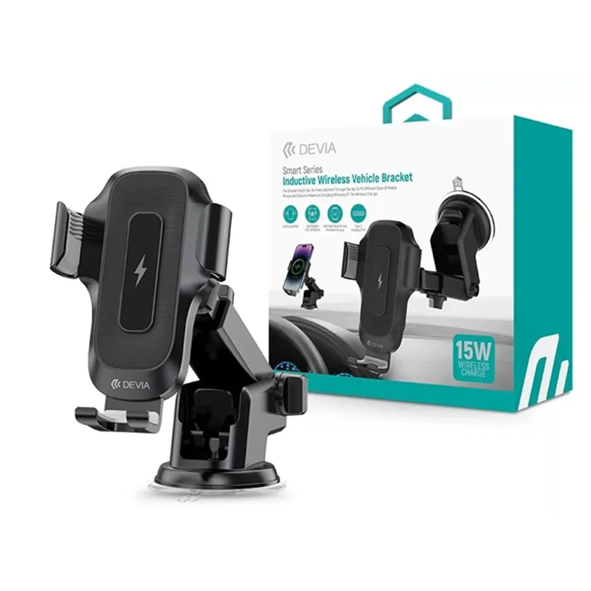 Devia ST106574 15W QI műszerfalra/szélvédőre helyezhető fekete vezeték nélküli autóstöltő/tartó #1