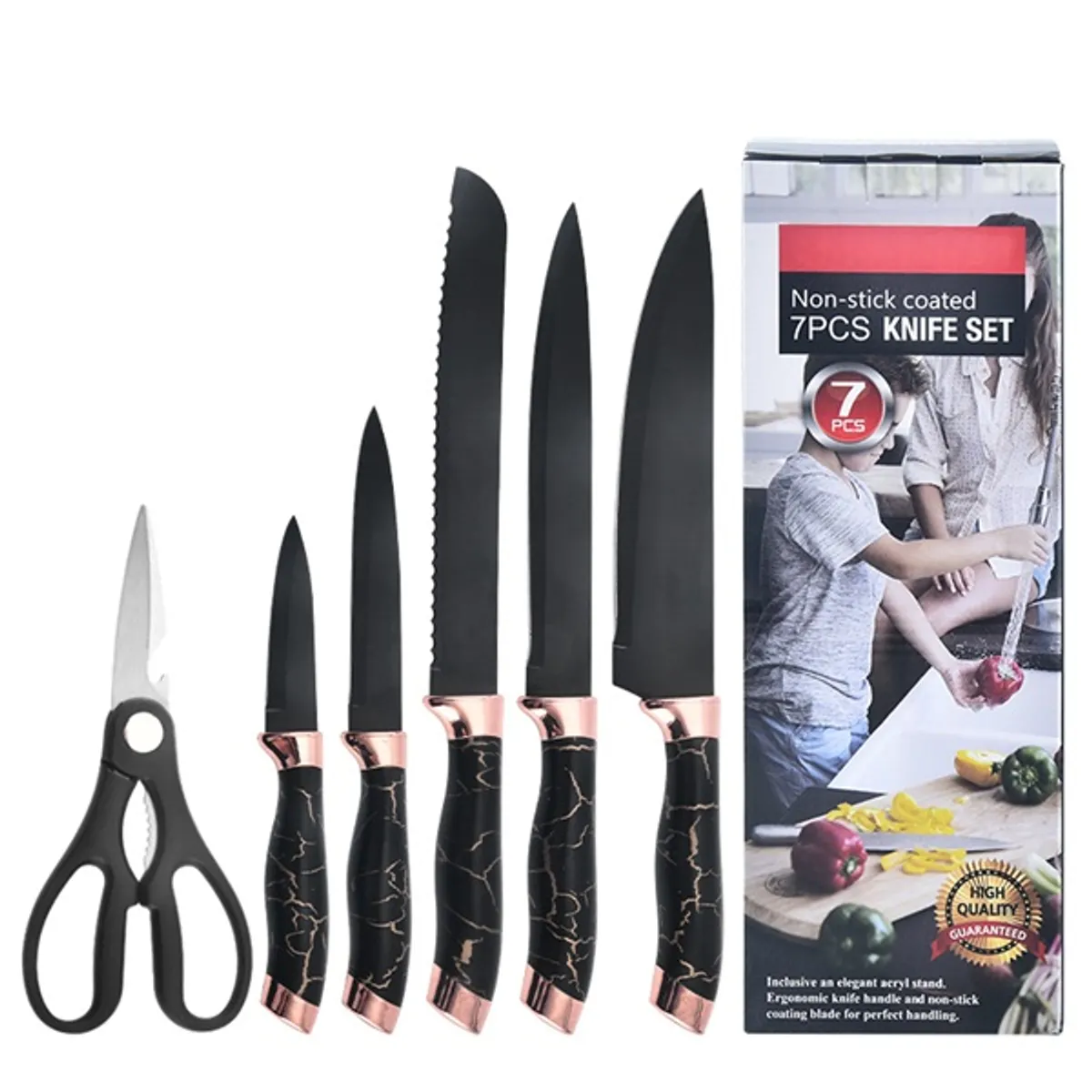 Iris KT-015-BK fekete 7db-os konyhai kés készlet, márványos tartóval #2