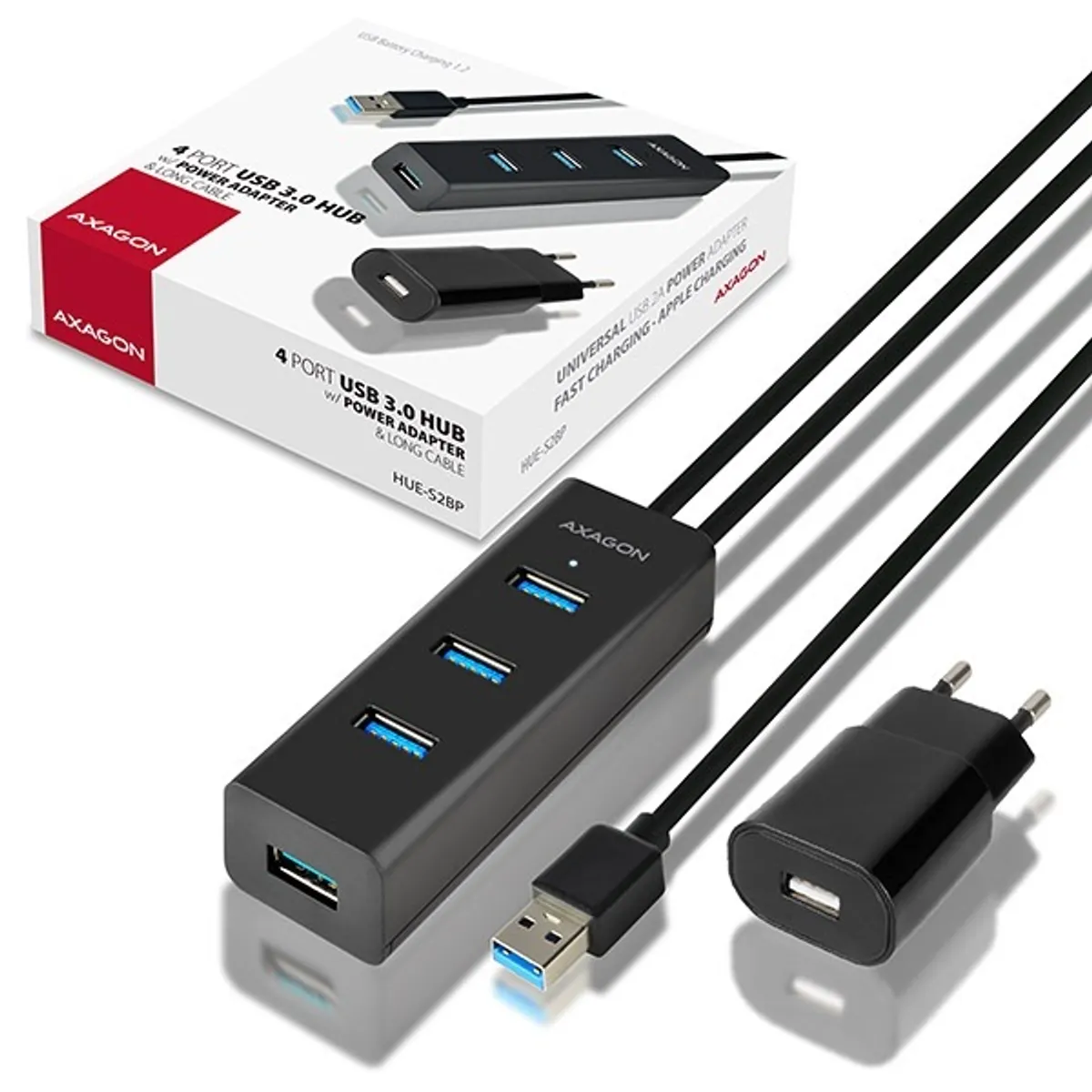 Axagon HUE-S2BP 4 portos USB3.0 gyorstöltő hosszú kábeles HUB tápegységgel #2