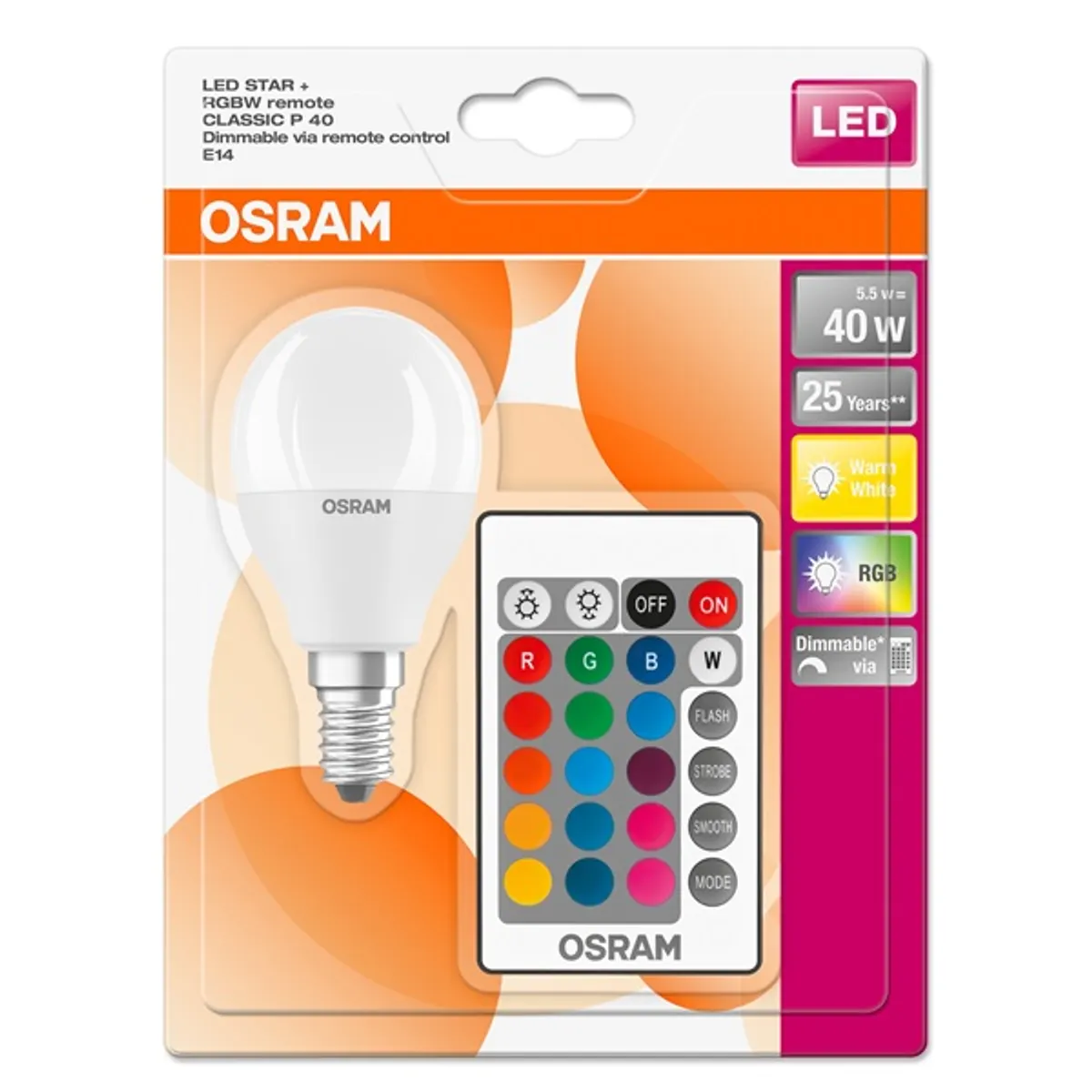Osram Star+ RGBW/matt búra/5,5W/470lm/2700K/E14 távirányítható LED kisgömb izzó #2