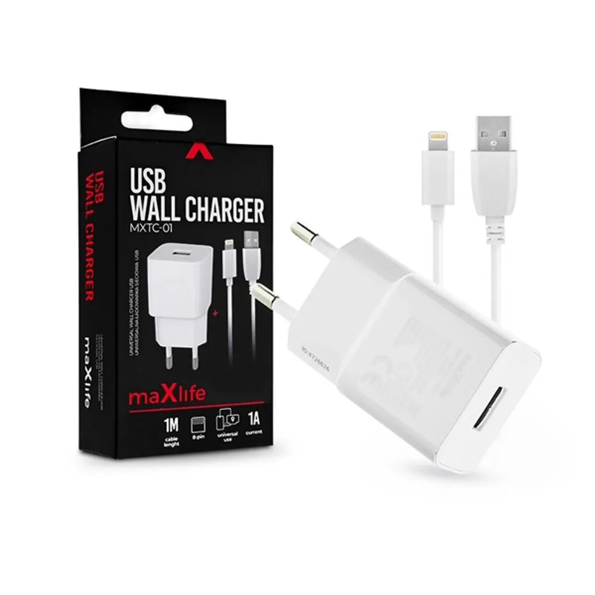 Maxlife TF-0101 univerzális fehér hálózati töltő adapter + 1m Lightning töltő és adatkábel #1
