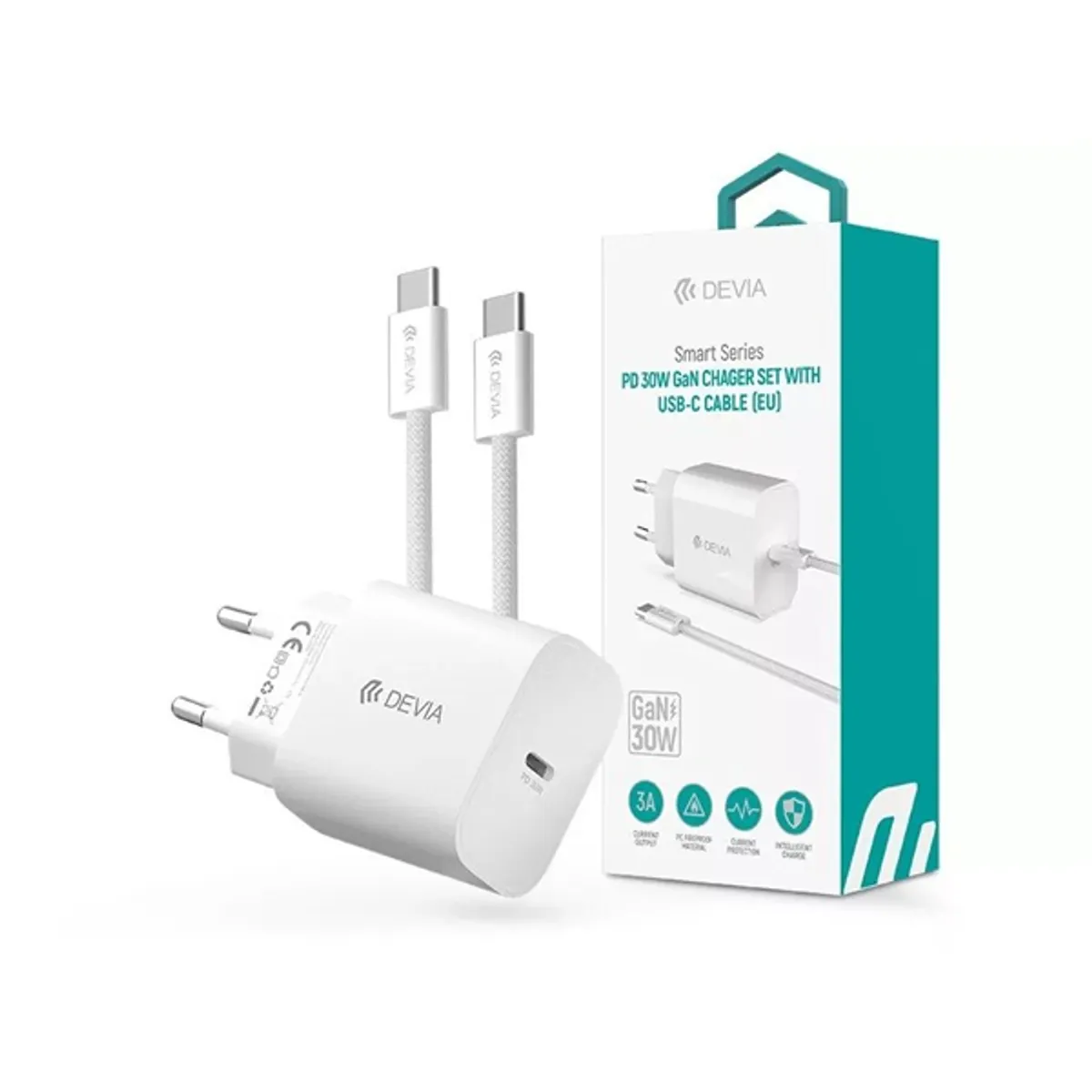 Devia ST399800 Smart Series 30W GaN PD+QC fehér hálózati gyorstöltő adapter + Type-C/Type-C kábel #1