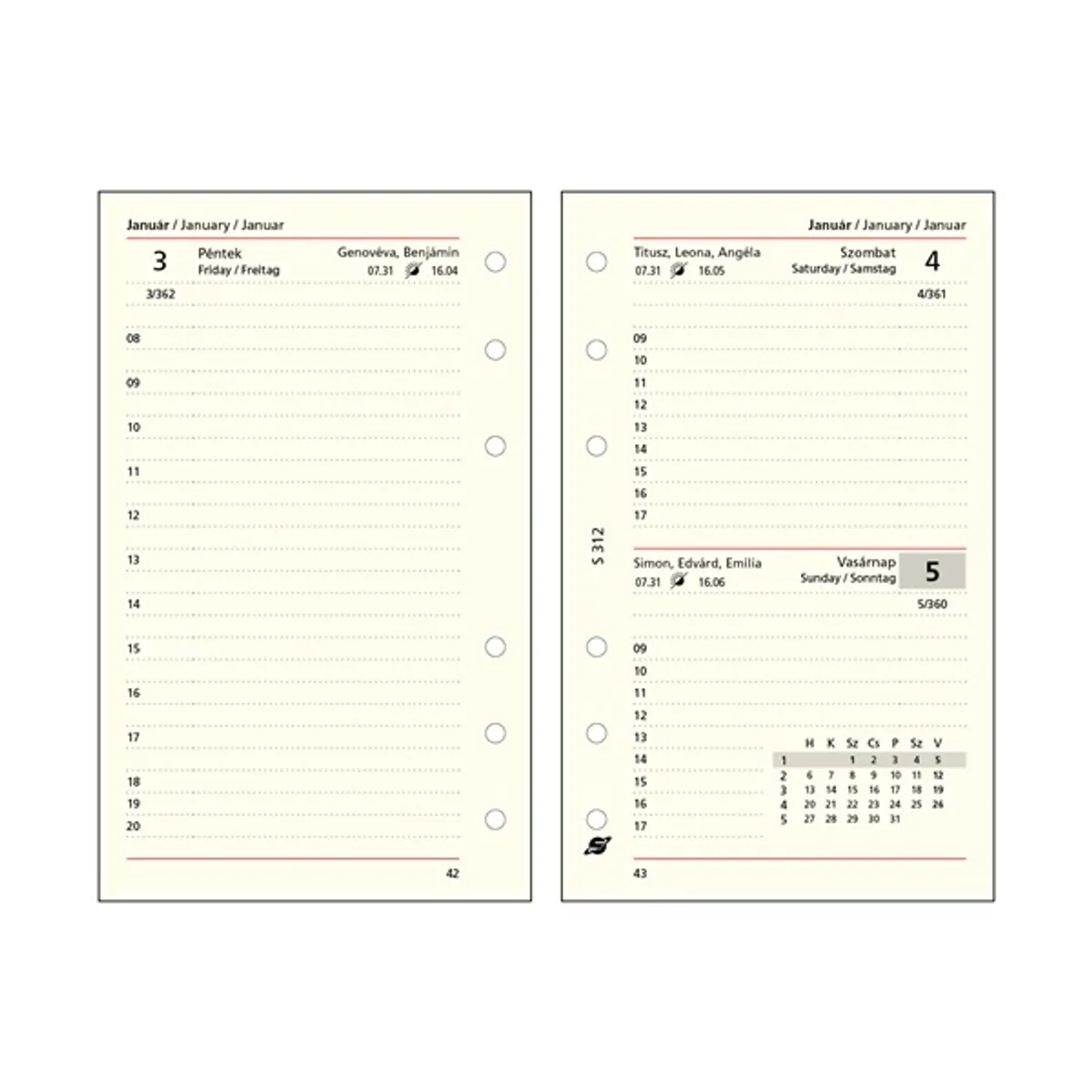 Kalendart Saturnus S312 napi beosztású betétlap csomag #1