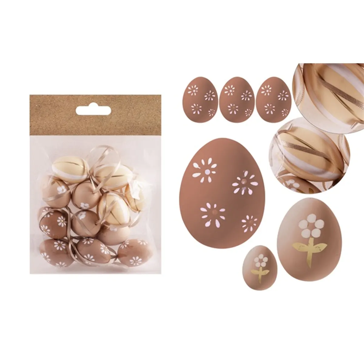 IRIS dekor műanyag tojás x12 natúr virágos/csíkos 3x4cm #1