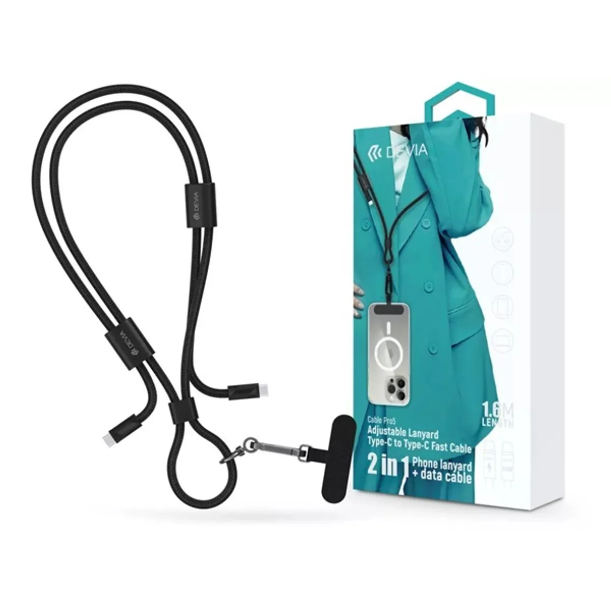 Devia ST124950 Cable Pro5 Woven 1,6m 60W PD Type-C - Type-C fekete adat- és töltőkábel + nyakpánt #1