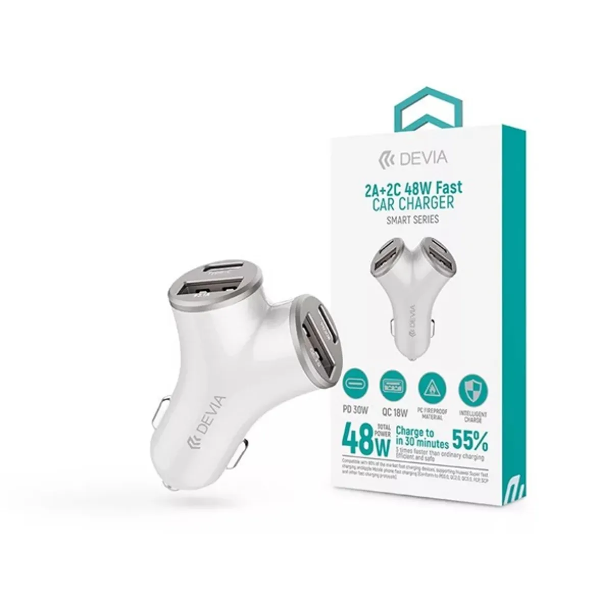 Devia ST112537 Smart Series 48W PD+QC 2xUSB+2xType-C ezüst autós gyorstöltő #1
