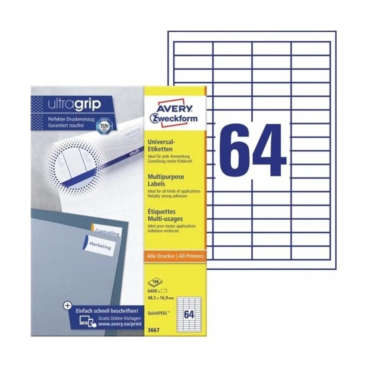 Avery 3667 QP 48,5x16,9mm univerzális 6400db-os fehér etikett #2