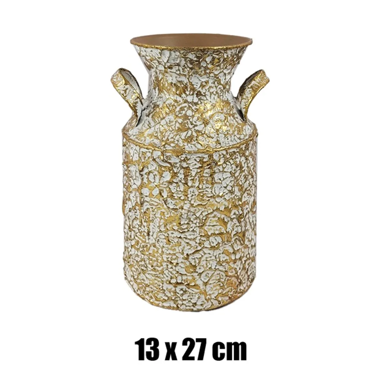 IRIS bádog váza, 2 füllel, arany, fehér nyomott mintás 13 x 27 cm #1
