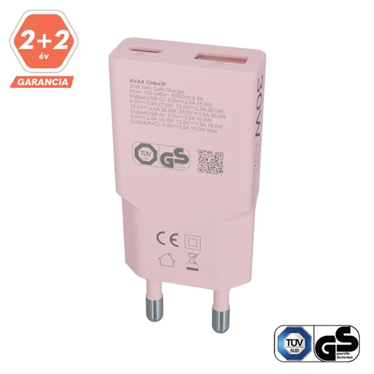 AVAX CH641P NANO SLIM 30W USB-C (PD3.0)+USB-A (QC3.0) pink hálózati töltő #5