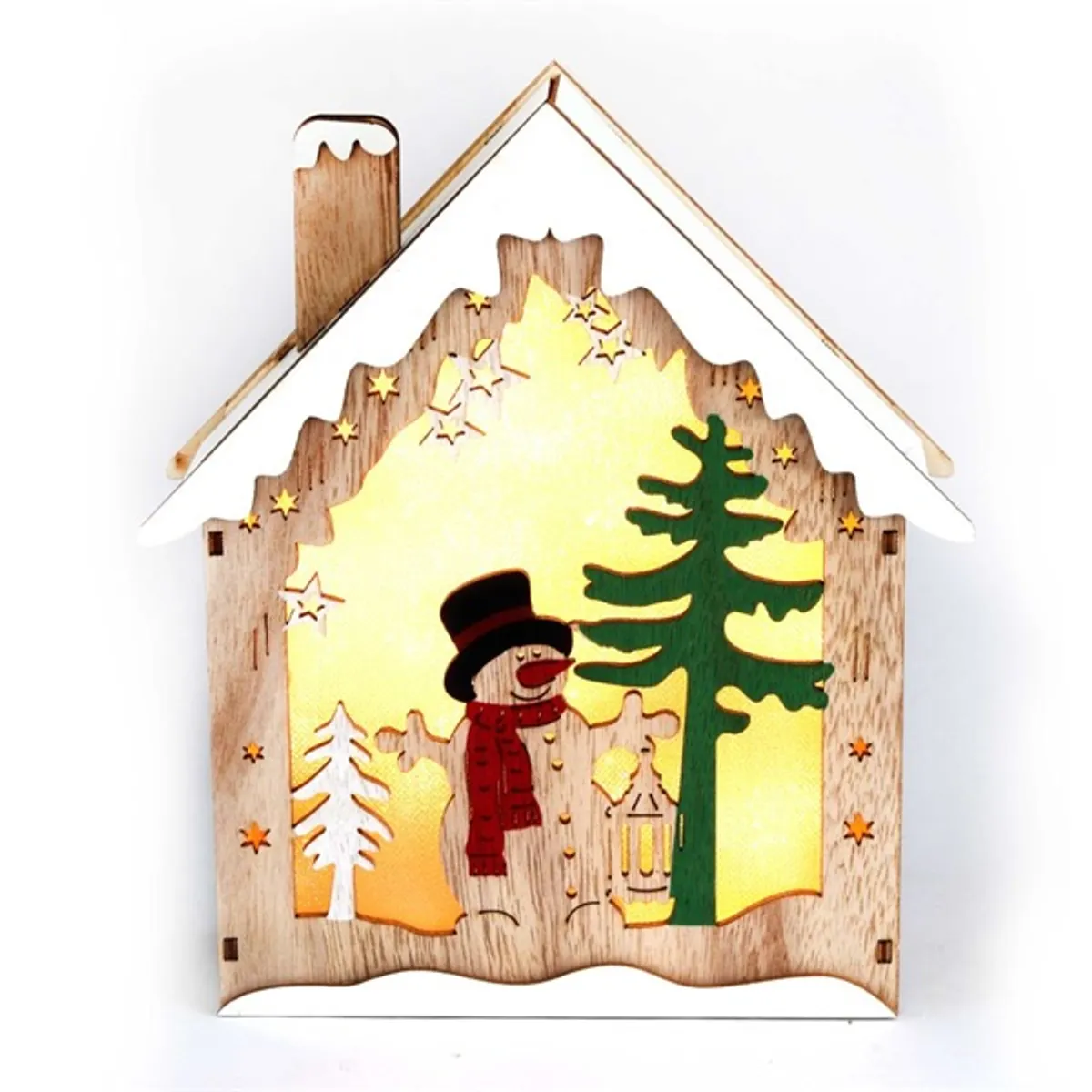 Iris Faház alakú hóember mintás/18,5x21cm/meleg fehér LED-es fa fénydekoráció #1