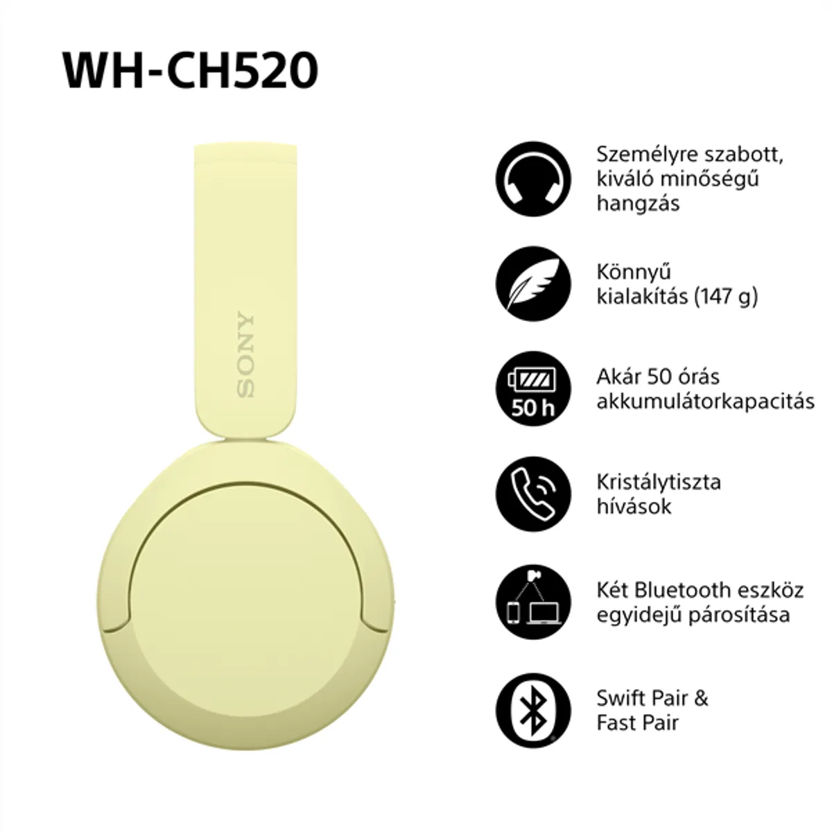 Sony WH-CH520 Bluetooth sárga fejhallgató #7