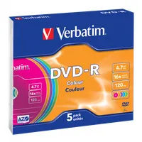 VERBATIM 43557 DVD-R 4,7GB/16x/színes írható felület/egyszer írható DVD 5db/csomag