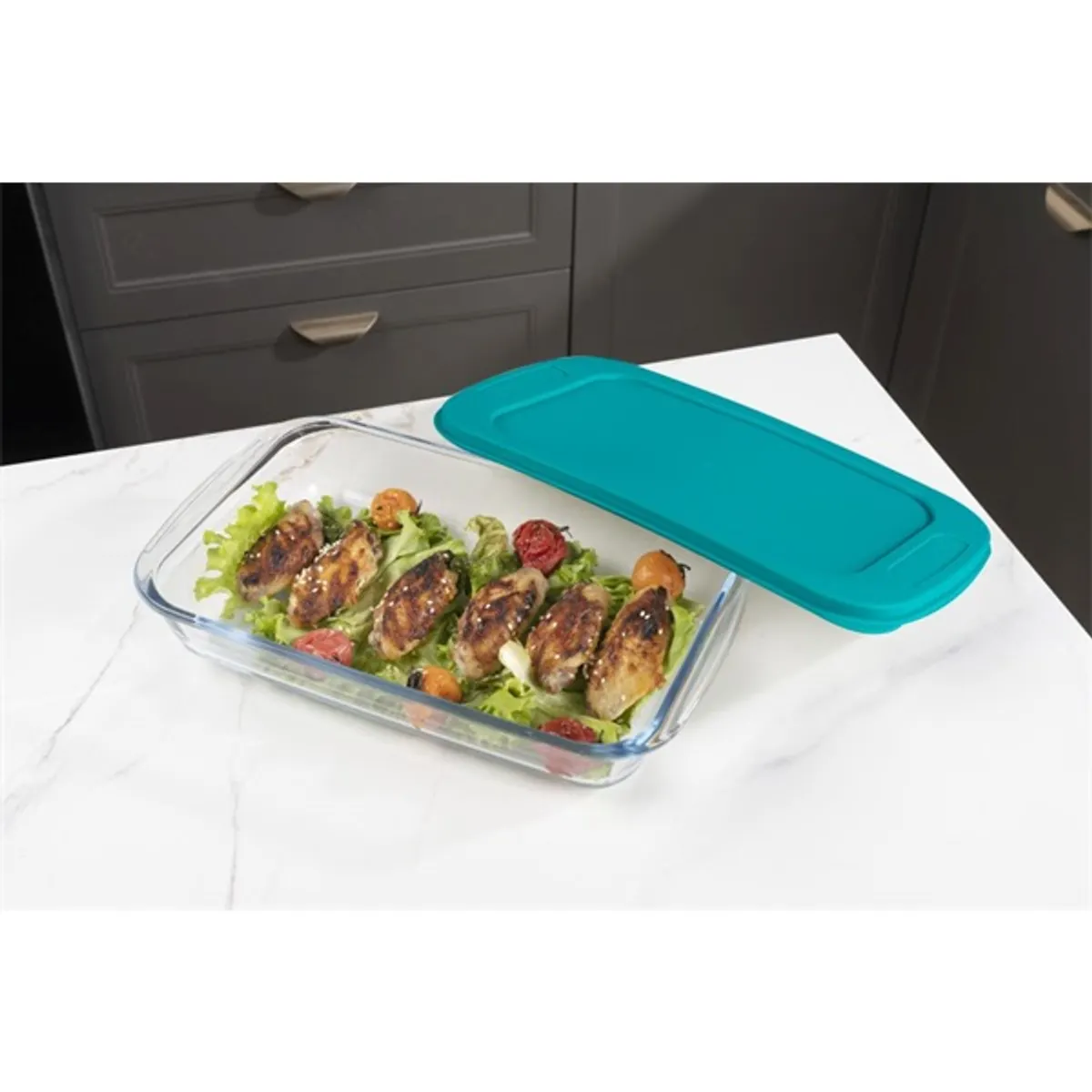TOO KT-102 üveg 2200 ml-es hőálló négyzetes ételtároló műanyag tetővel #1