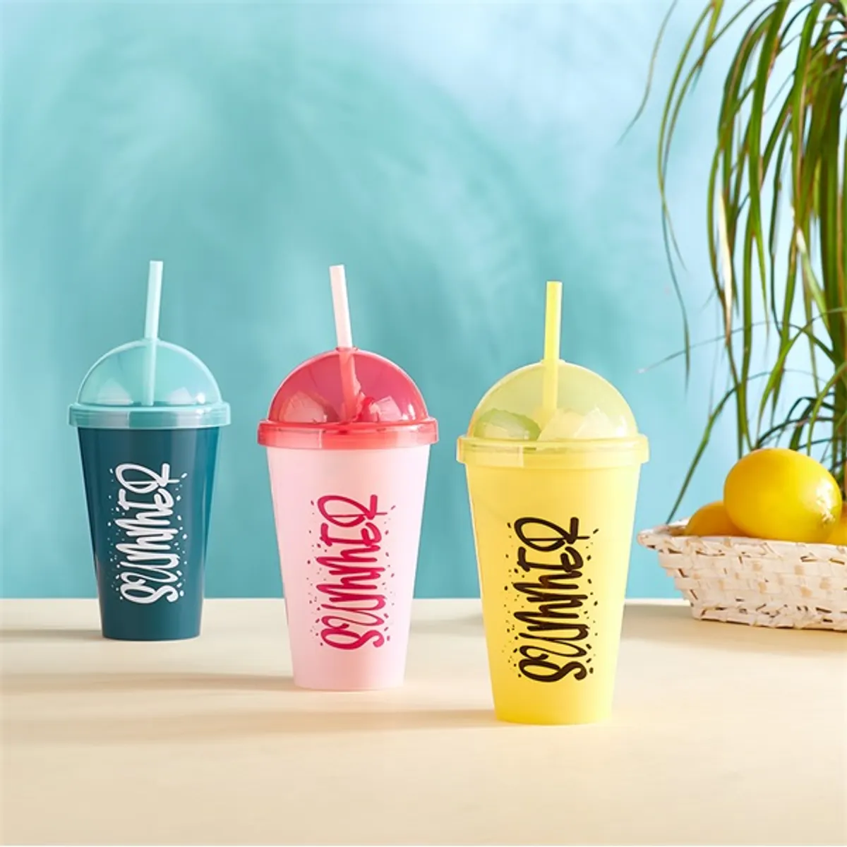 IRIS L-00850 Sumer pohár szívószállal 450ml, rózsaszín, sárga vagy cián színű #2