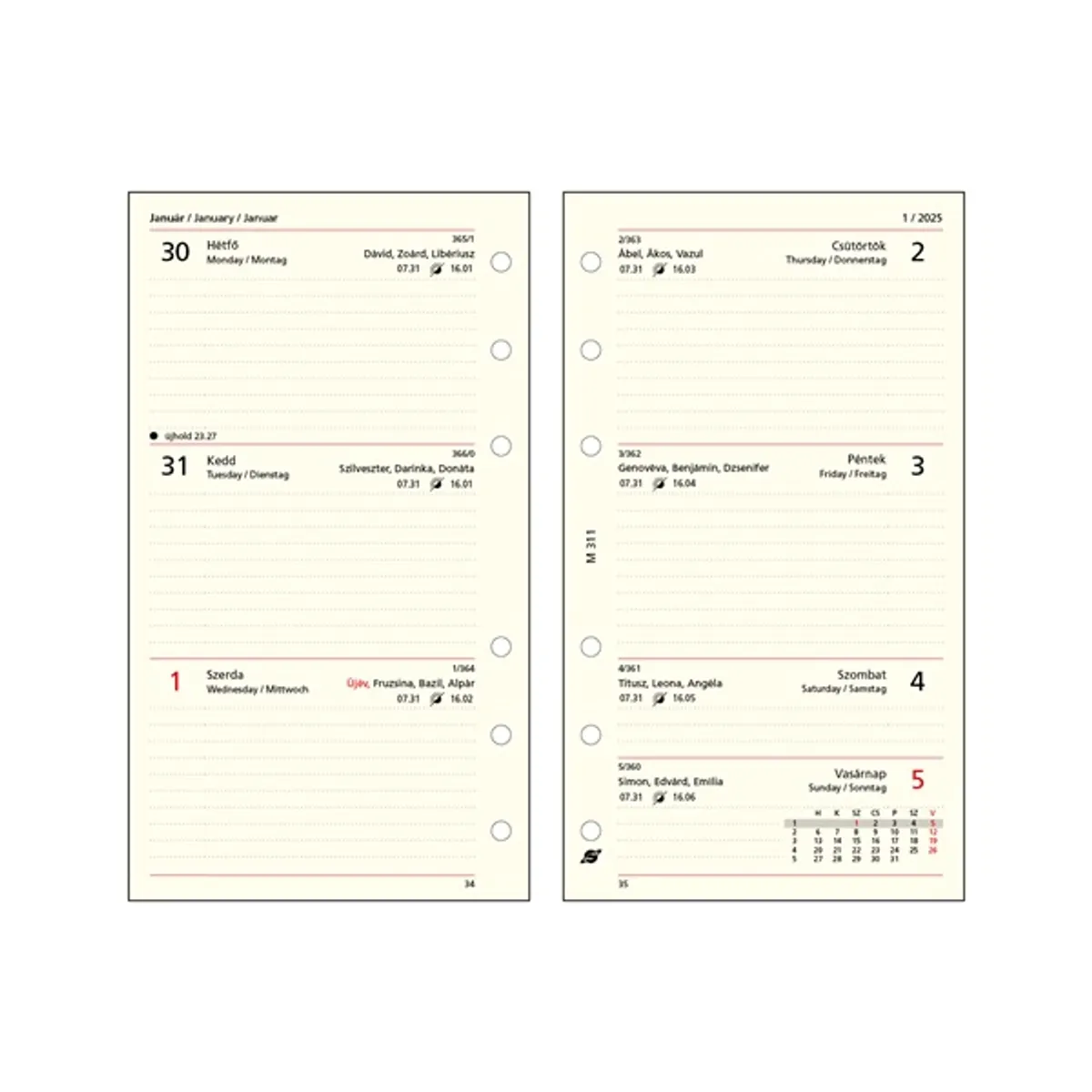 Kalendart Saturnus M311 heti beosztású gyűrűs betétlap csomag #1