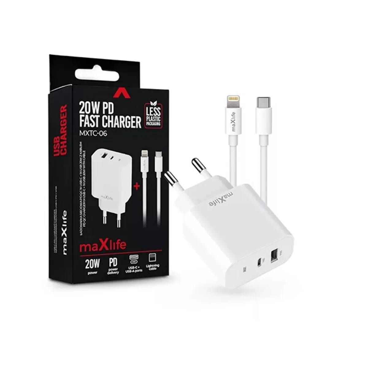 Maxlife ML738423 PD+QC 20W USB + Type-C fehér gyorstöltő adapter + Type-C/Lightning kábel #1