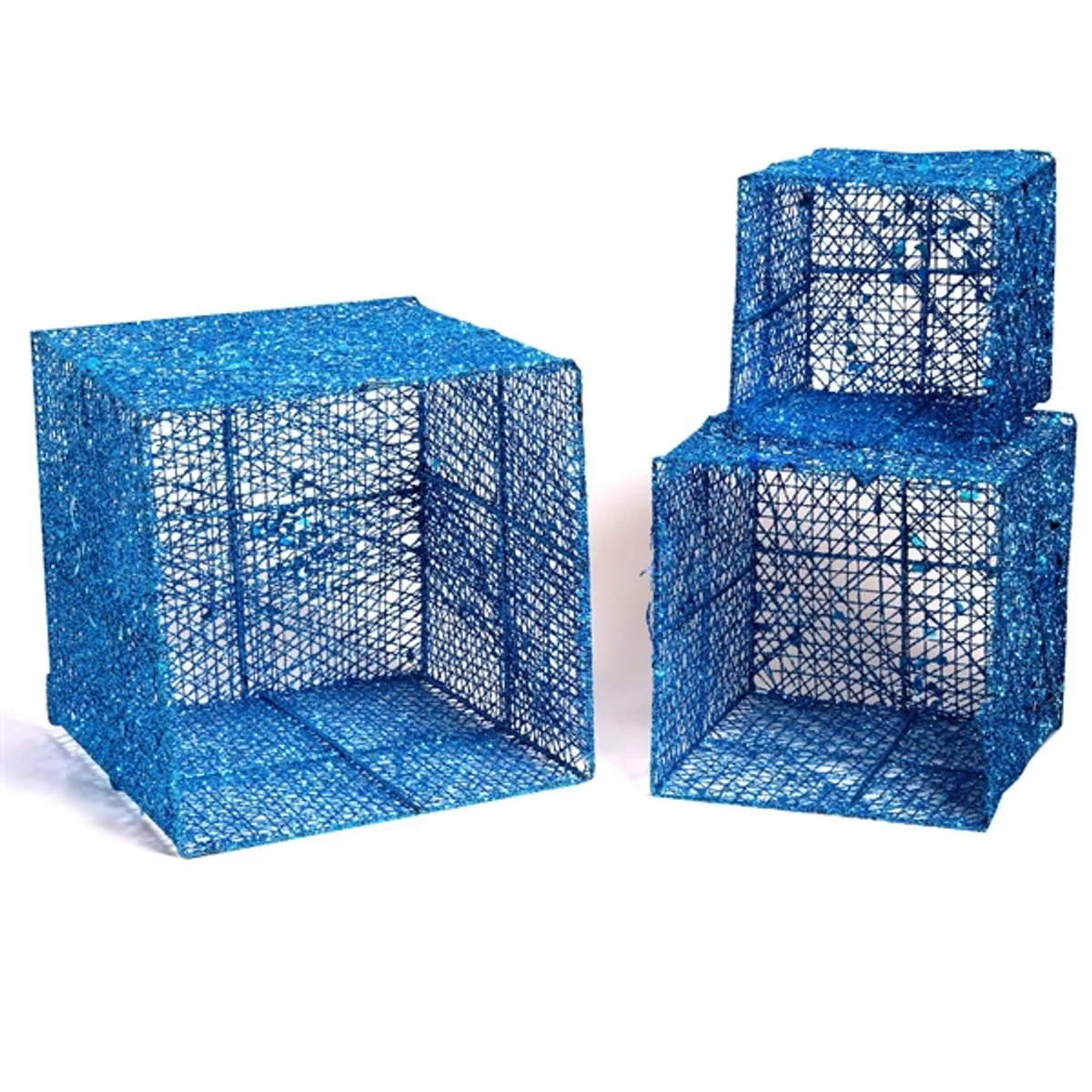 Iris Doboz alakú /1db 20cm, 1db 25cm, 1db 30cm/ kék-ezüst fémdoboz műanyag masnival dekor szett #2