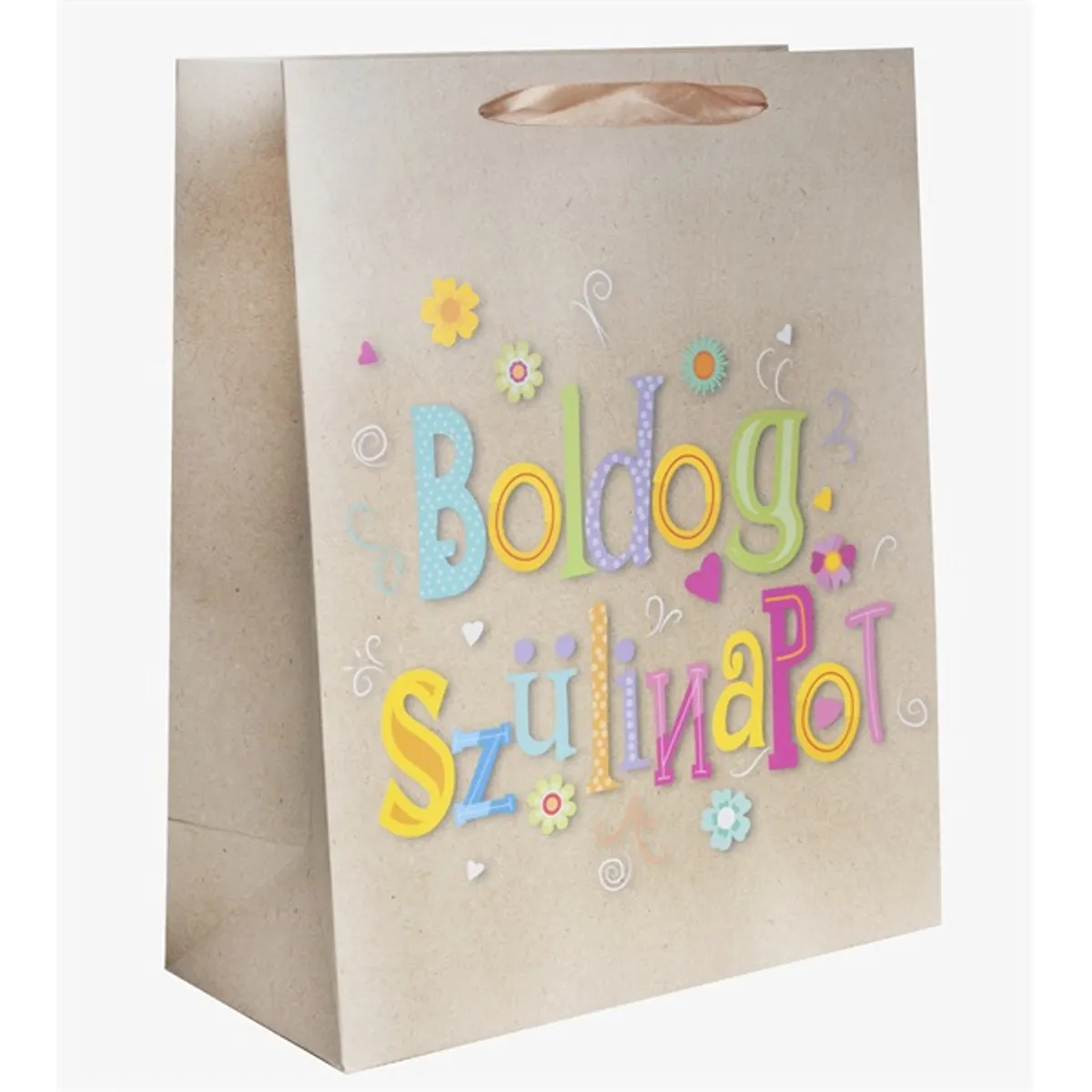Iris papírtasak matt, "boldog szülinapot" felirat drapp/színes 26*32 cm #1
