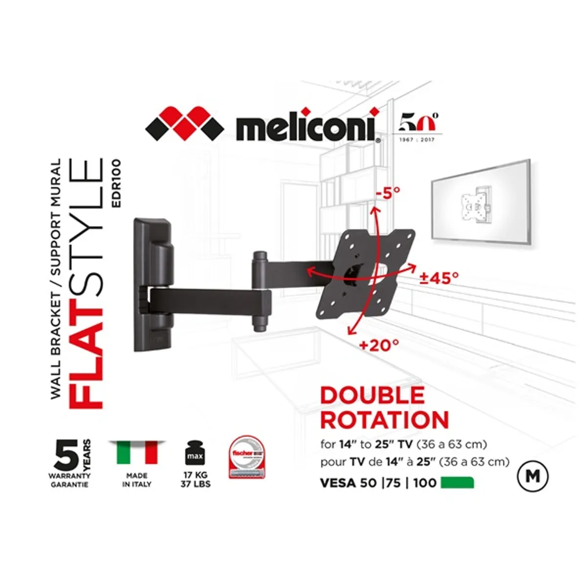 Meliconi FlatStyle FDR100 14"-25" VESA 100x100 dupla karos dönthető, forgatható fali konzol #2