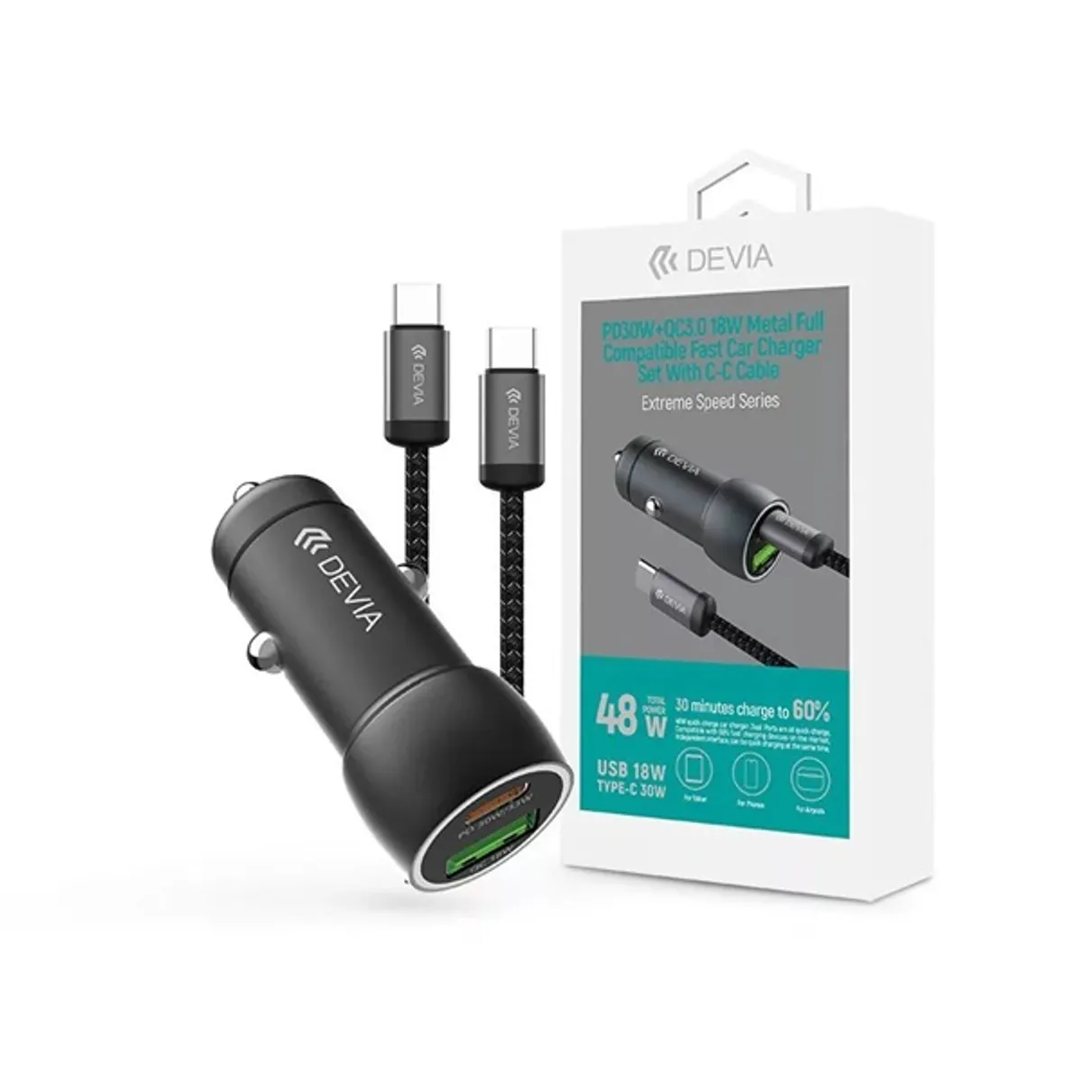Devia ST112773 Extreme Speed Series 30W PD+QC USB+USB-C fekete autós töltő adapter + USB-C kábel #1