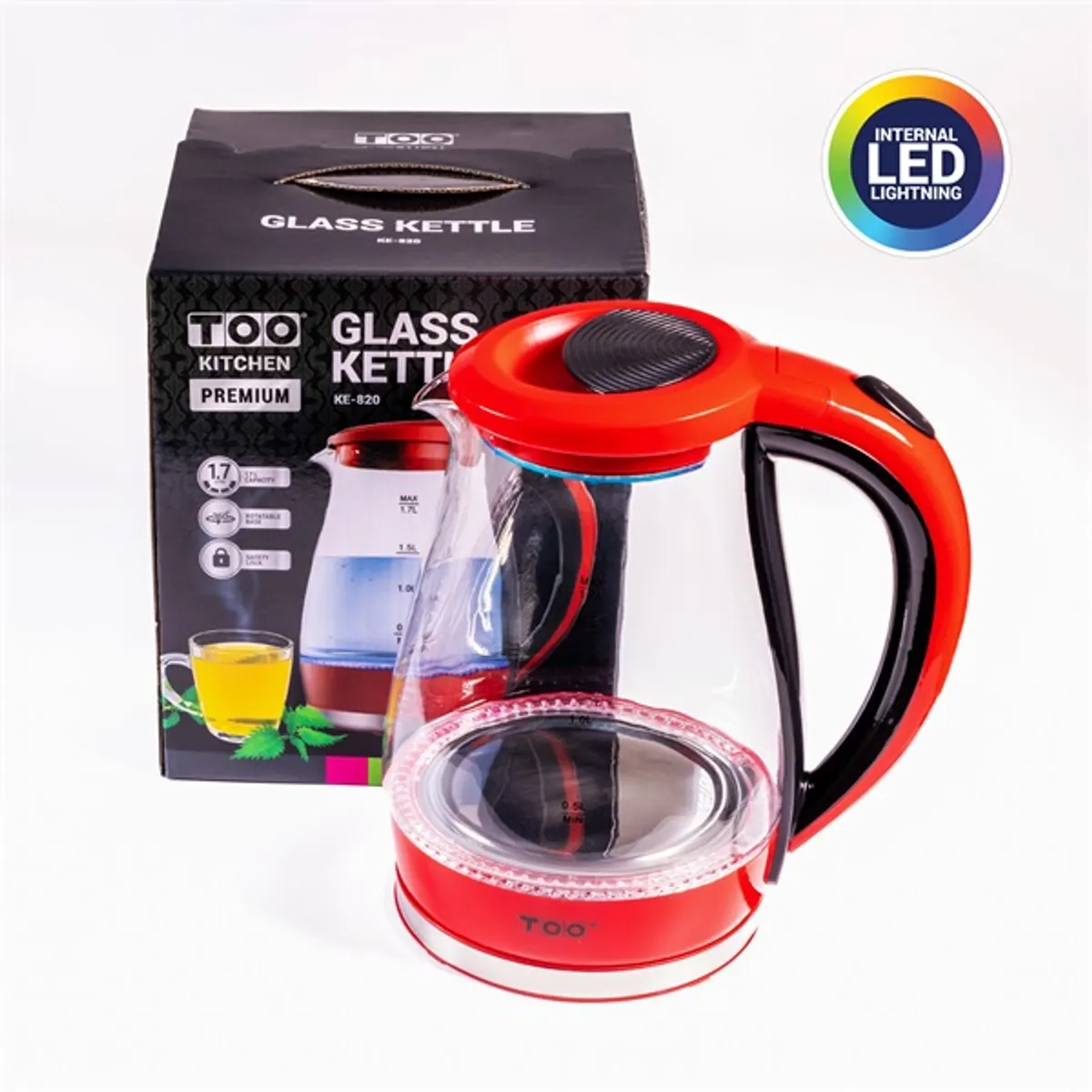 TOO KE-820 1,7L-es piros prémium üveg vízforraló #2