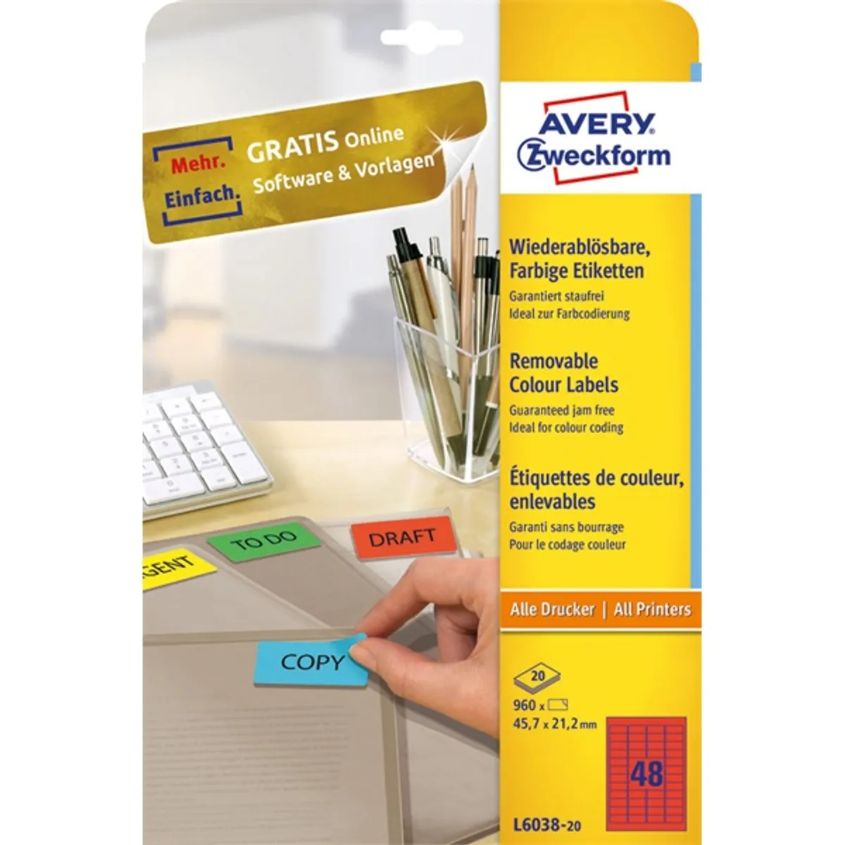 Avery L6038-20 45,7x21,2mm visszaszedhető 960db-os piros etikett #1