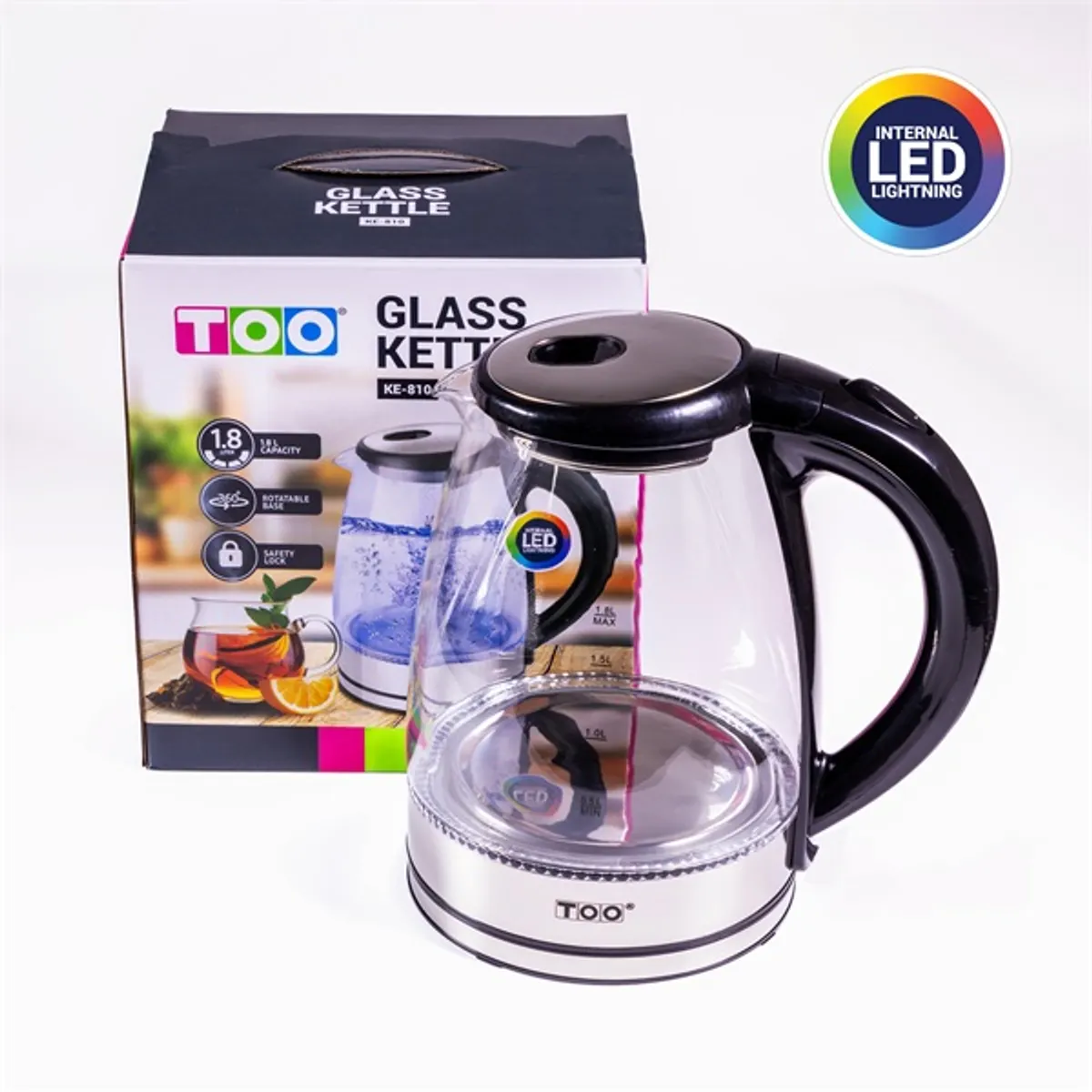 TOO KE-810 1,8L-es ezüst üveg vízforraló #2