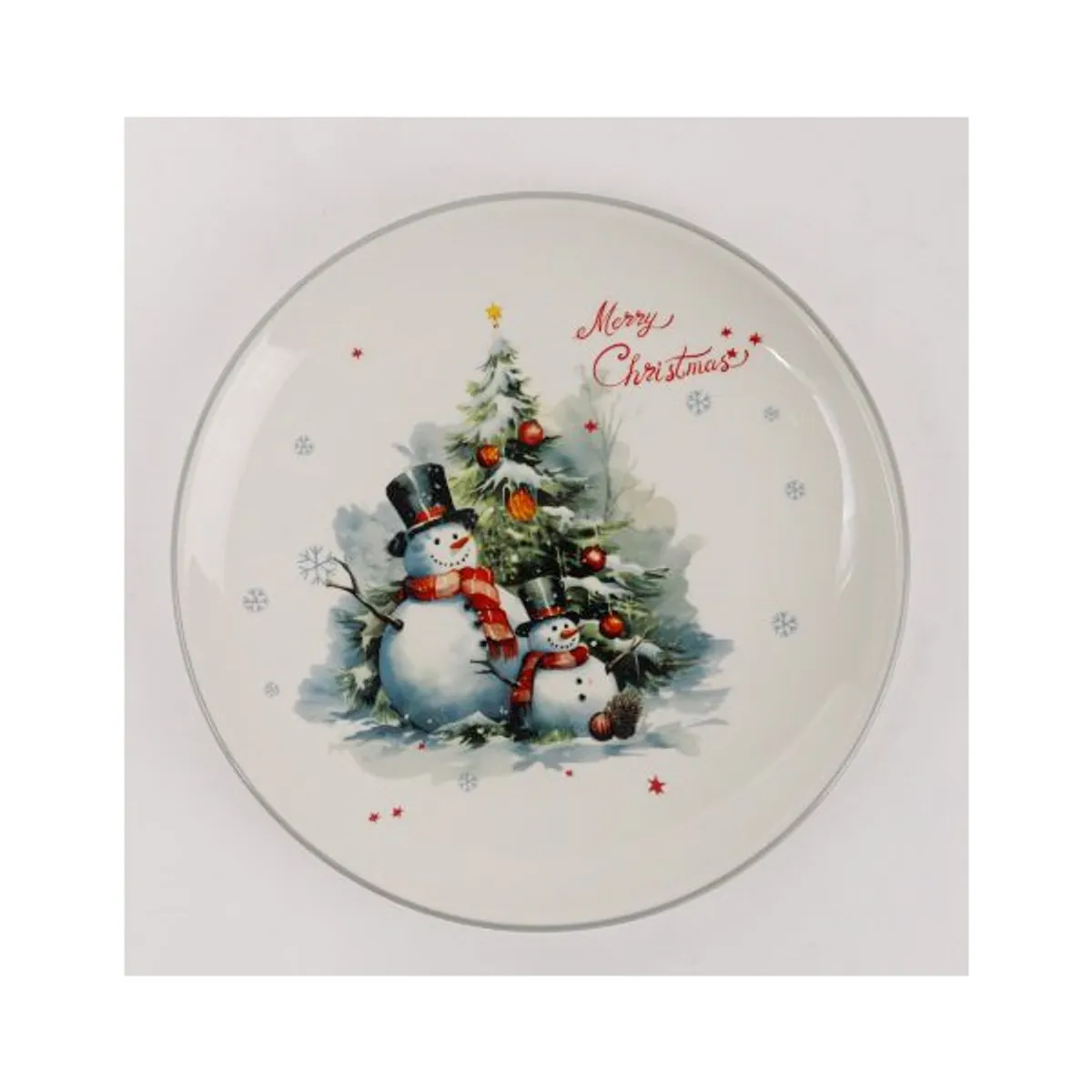 IRIS kerámia tányér, hóemberek a karácsonyfa előtt, "merry christmas" felirat 25 cm #1