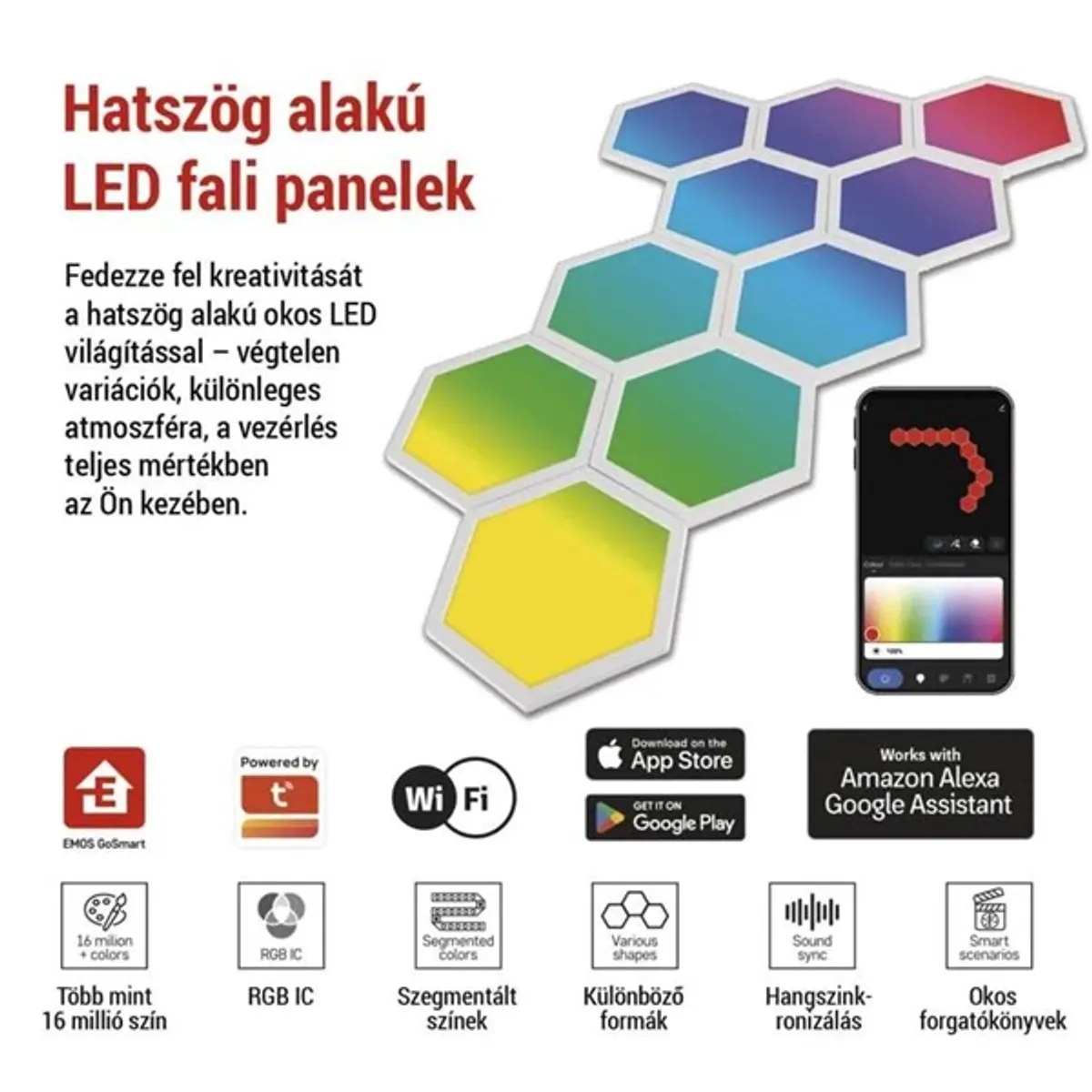 Emos GoSmart Hexagon, indító készlet, 10 rész, 19 W, RGBIC dimmelhető, WiFi LED lámpa #4