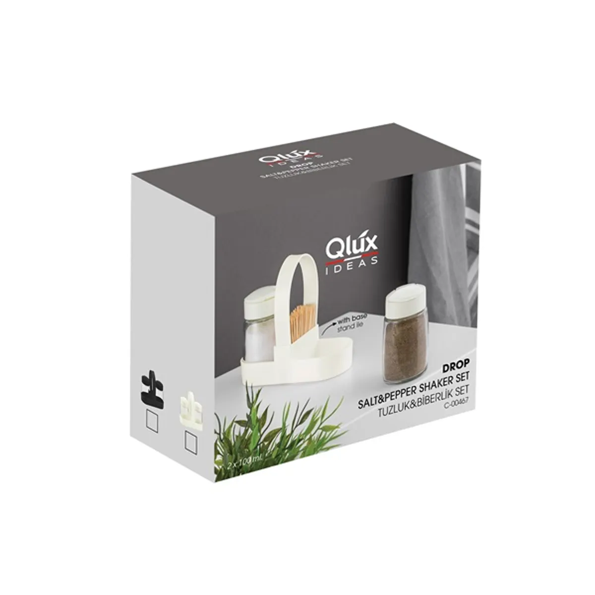 IRIS C-00467 Drop üveg fűszerszóró szett tartóval, 2 darabos 2*100ml, dobozos, fekete vagy elfántcsont színű #1